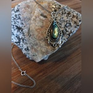 Vintage 925 Sterling Silver Abalone Pendant w/18" Sterling Silver Curb Chain